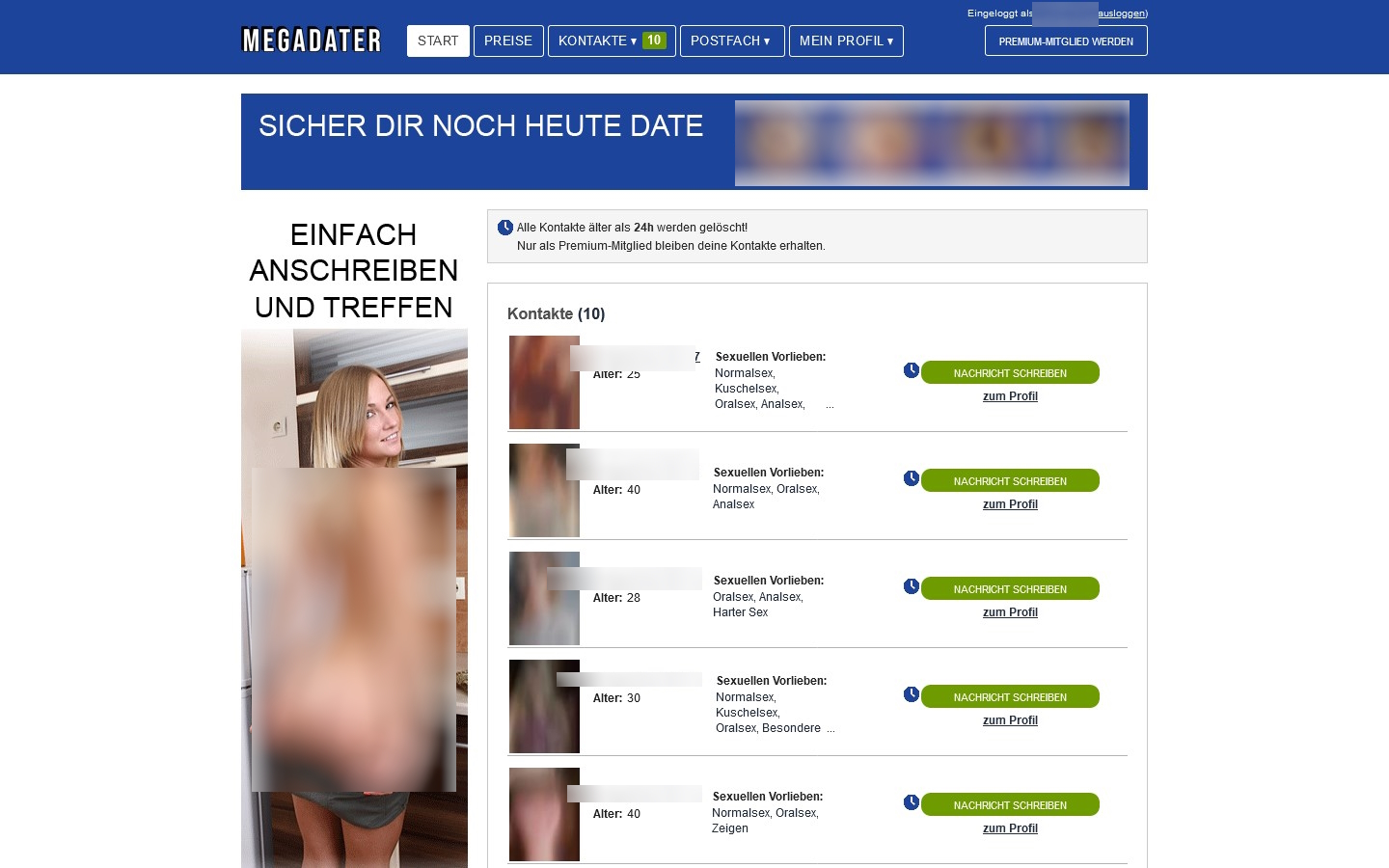 MegaDater.com Mitgliederbereich